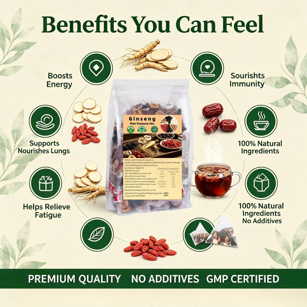 Ginseng Five Treasure Tea – 30 Pyramid Tea Bags of Nourishing Herbal Goodness