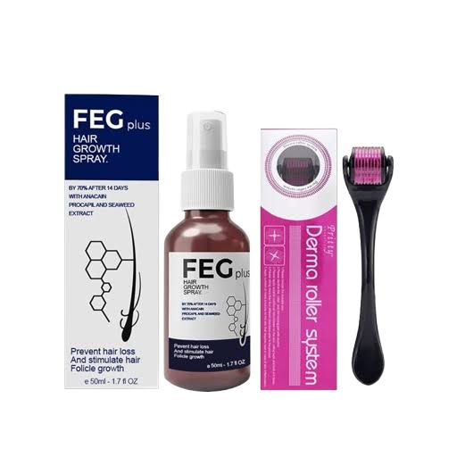 Pack of 2 FEG Hair Growth Spray Plus Derma Roller, Suitable For Both Men and Women